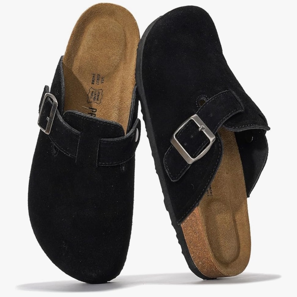 Black Suede Mules with Buckle
